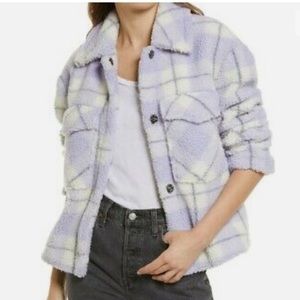 7 for Humanity plaid purple teddy trucker jacket